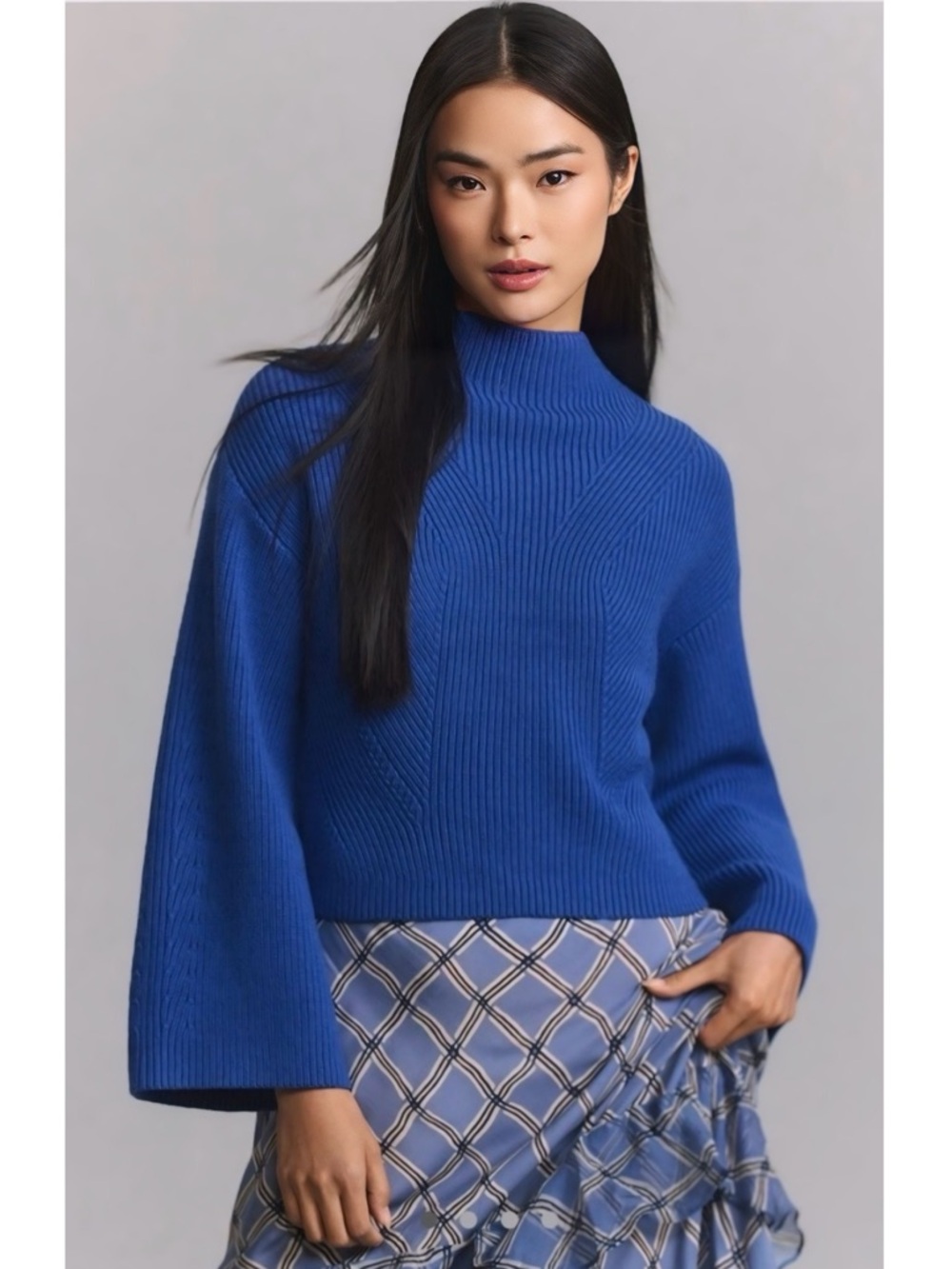 NWT Anthropologie Maeve The Katey Mock Neck Bell Sleeve Sweater Blue